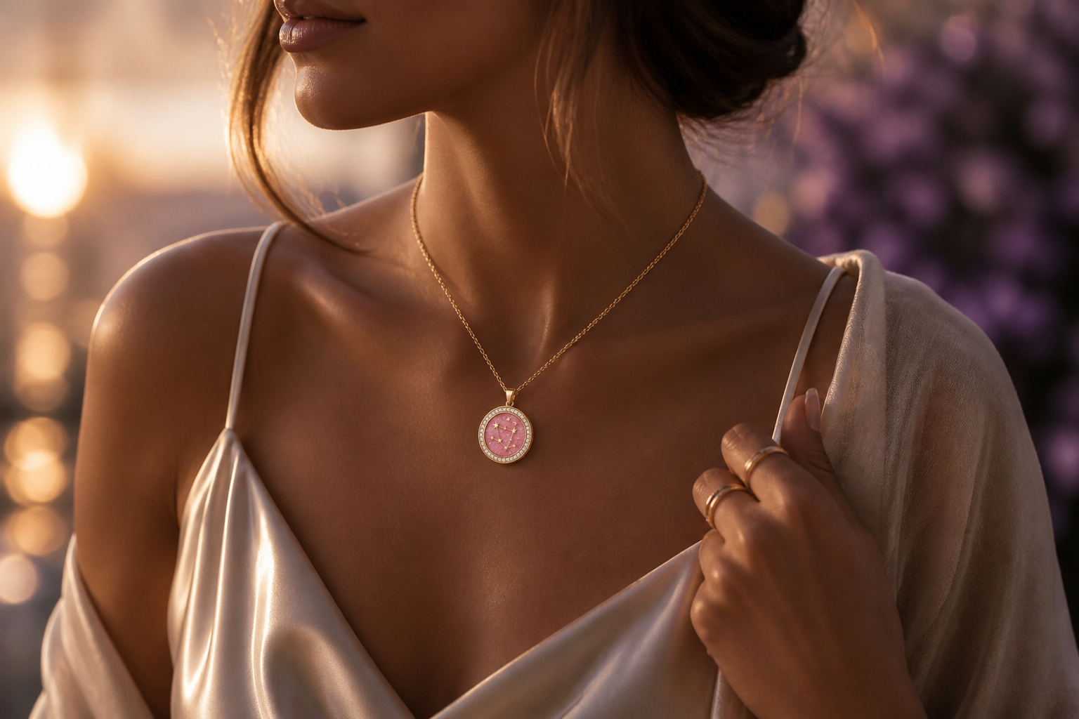 LUMO gold pendant with turquoise center stone and gold constellation details on violet silk